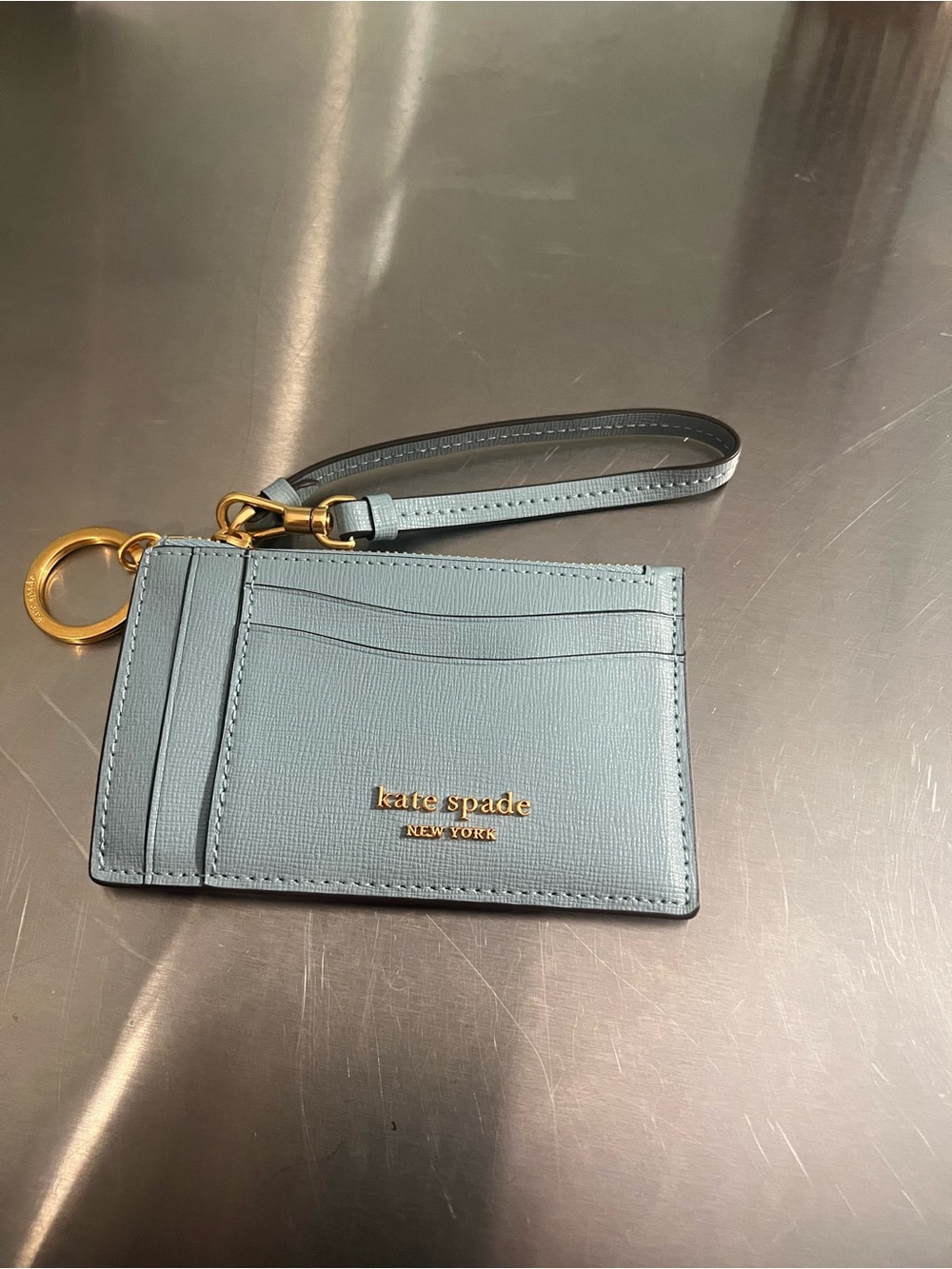 kate spade light blue leather zip coin pouch with gold hardware